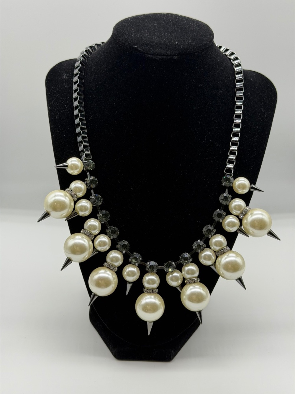 Gunmetal, Crystal and Pearl Spike Box Chain Necklace